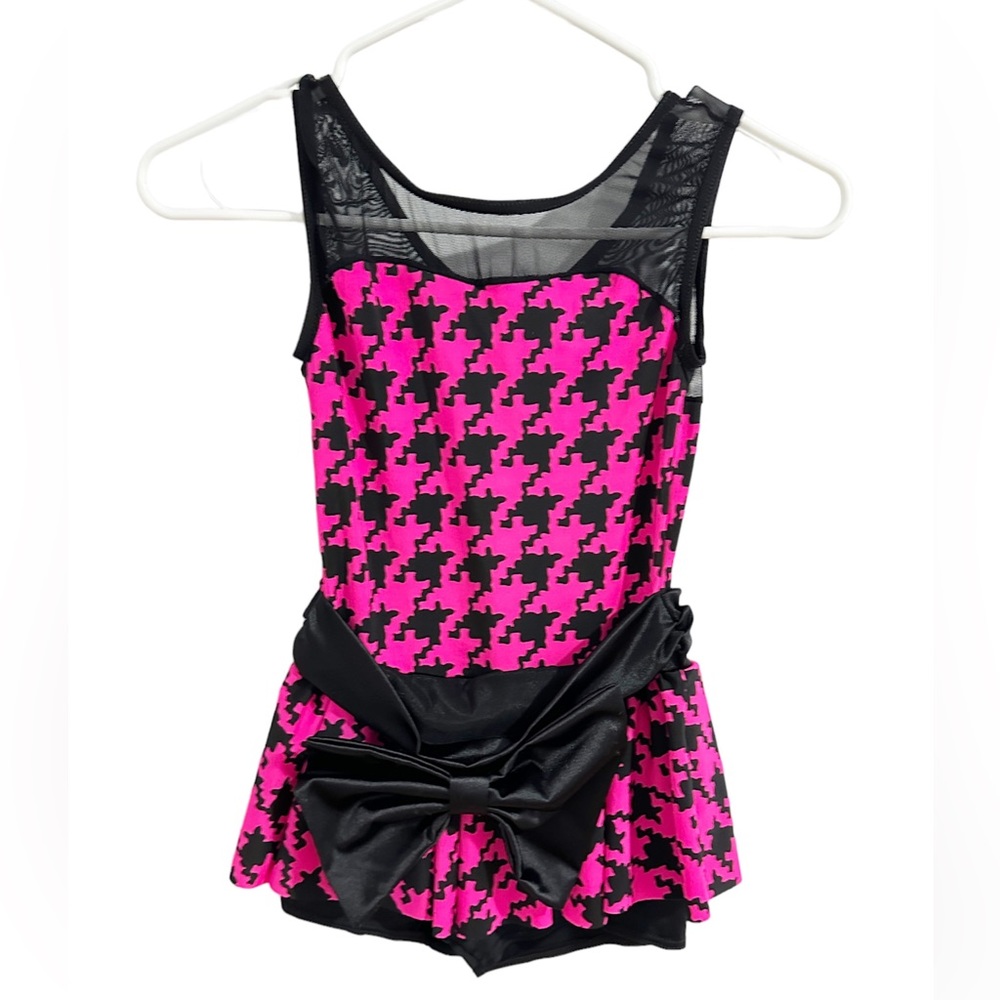 Black and Pink Checkered Jazz Costume with Built-in Shorts, Mesh, and Black bow